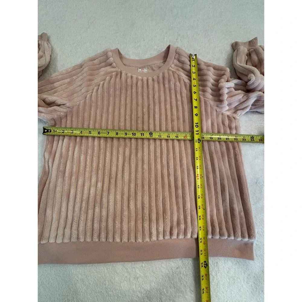 Justice Girls Pink Ribbed Faux Fur Fleece Pullover‎ Sweatshirt Size 14/16 L XL